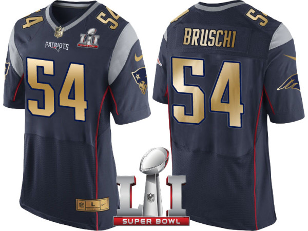 NEW ENGLAND PATRIOTS -54 TEDY BRUSCHI NAVY SUPER BOWL LI CHAMPIONS GOLD ELITE JERSEY