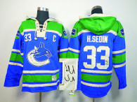 Autographed Vancouver Canucks -33 Henrik Sedin Blue Sawyer Hooded Sweatshirt Stitched NHL Jersey