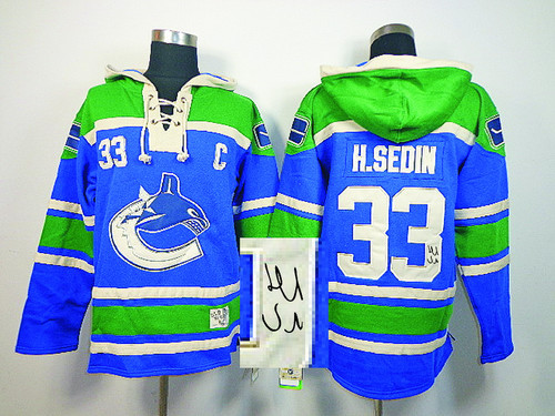 Autographed Vancouver Canucks -33 Henrik Sedin Blue Sawyer Hooded Sweatshirt Stitched NHL Jersey