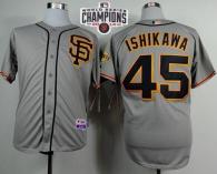 San Francisco Giants #45 Travis Ishikawa Grey Road 2 Cool Base W 2014 World Series Champions Patch S