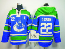 Autographed Vancouver Canucks -22 Daniel Sedin Blue Sawyer Hooded Sweatshirt Stitched NHL Jersey