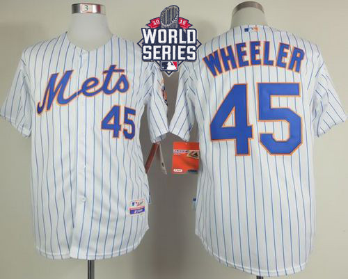 New York Mets -45 Zack Wheeler White Blue Strip Home Cool Base W 2015 World Series Patch Stitched M