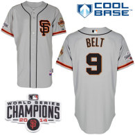 San Francisco Giants #9 Brandon Belt Grey Road 2 Cool Base W 2014 World Series Champions Patch Stitc