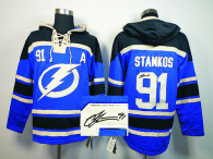 Autographed Tampa Bay Lightning -91 Steven Stamkos Loyal Blue Hooded Sweatshirt Stitched NHL Jersey