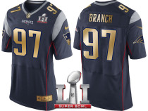 NEW ENGLAND PATRIOTS -97 ALAN BRANCH NAVY SUPER BOWL LI CHAMPIONS GOLD ELITE JERSEY
