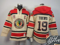 Autographed Chicago Blackhawks -19 Jonathan Toews Cream Sawyer Hooded Sweatshirt NHL Jersey