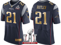 NEW ENGLAND PATRIOTS -21 MALCOLM BUTLER NAVY SUPER BOWL LI CHAMPIONS GOLD ELITE JERSEY