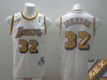 Autographed Youth NBA Lakers #32 Orlando Magic Johnson White Throwback Stitched Jersey