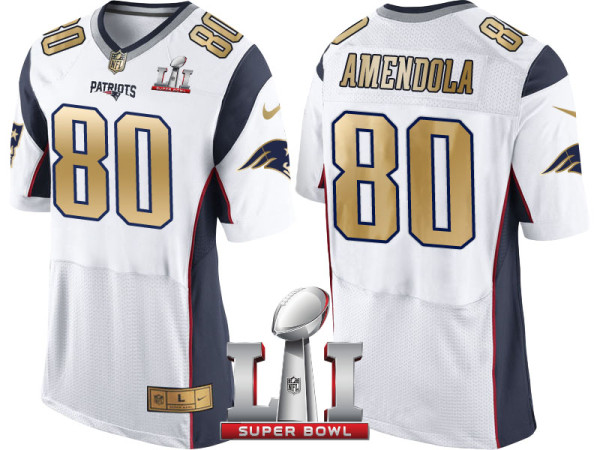 NEW ENGLAND PATRIOTS -80 DANNY AMENDOLA WHITE SUPER BOWL LI CHAMPIONS GOLD ELITE JERSEY