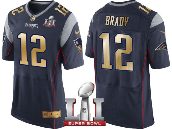 NEW ENGLAND PATRIOTS -12 TOM BRADY NAVY SUPER BOWL LI CHAMPIONS GOLD ELITE JERSEY