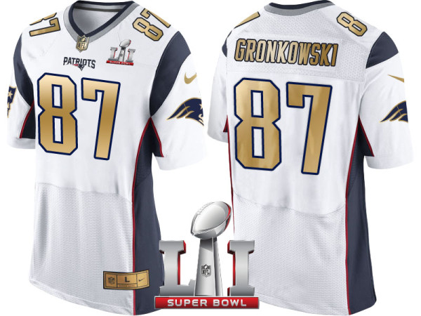 NEW ENGLAND PATRIOTS -87 ROB GRONKOWSKI WHITE SUPER BOWL LI CHAMPIONS GOLD ELITE JERSEY