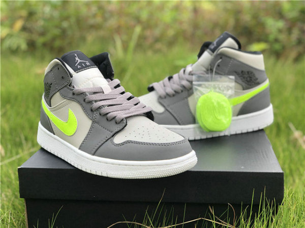 Authentic Air Jordan 1 Mid Gunsmoke/VOLT-NEUTRAL GREY GS