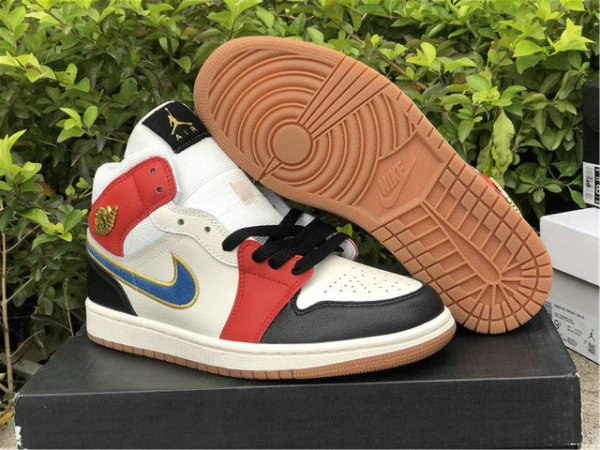 Authentic Air Jordan 1 Mid GS Black/White/Red/Metallic Gold hardware