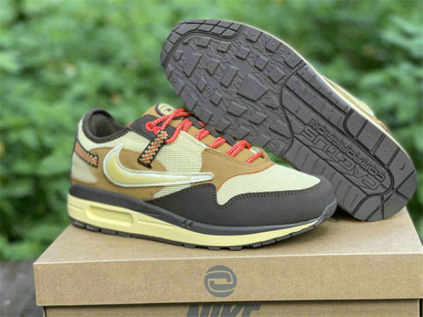 Authentic Travis Scott x Nike Air Max 1 Baroque Brown/Lemon Drop-Wheat-Chile Red