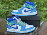 Authentic Air Jordan 1 GS Mid Neon Green/Light Blue/Royal Blue