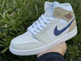 Authentic Air Jordan 1 Mid White/Navy/Tan GS
