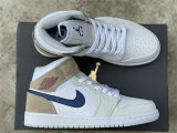 Authentic Air Jordan 1 Mid White/Navy/Tan GS