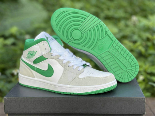 Authentic Air Jordan 1 Mid White/Grey/Green GS