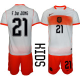 Netherlands Kids Soccer Jersey F. De Jong #21 Custom Youth Football Shirt White Orange Away Kit