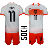 Netherlands Kids Soccer Jersey Gakpo #11 Custom Youth Football Shirt White Orange Away Kit