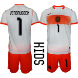 Netherlands Kids Soccer Jersey Verbruggen #1 Custom Youth Football Shirt White Orange Away Kit