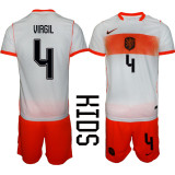 Netherlands Kids Soccer Jersey Virgil #4 Custom Youth Football Shirt White Orange Away Kit