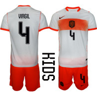 Netherlands Kids Soccer Jersey Virgil #4 Custom Youth Football Shirt White Orange Away Kit