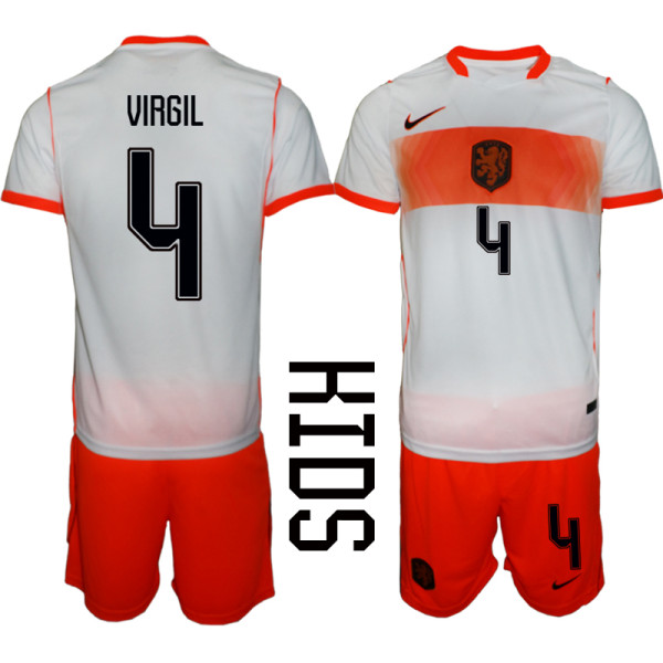 Netherlands Kids Soccer Jersey Virgil #4 Custom Youth Football Shirt White Orange Away Kit