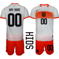 Netherlands National Team Kids Soccer Jersey Blank Customizable Name Number Youth Football Shirt Shorts Set White Orange Away Kit DIY Personalized