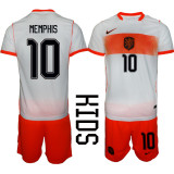 Netherlands Kids Soccer Jersey Memphis #10 Custom Youth Football Shirt White Orange Away Kit