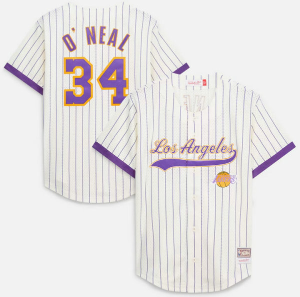 Men's Los Angeles Lakers Shaquille O'Neal Mitchell & Ness Cream Hardwood Classics Player Mesh Button-Front Jersey